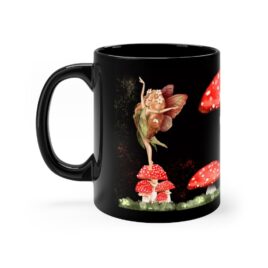 Dancing Toadstool Fairy Coffee Mug | Black Coffee Cup with Fairy and Toadstool Mushrooms