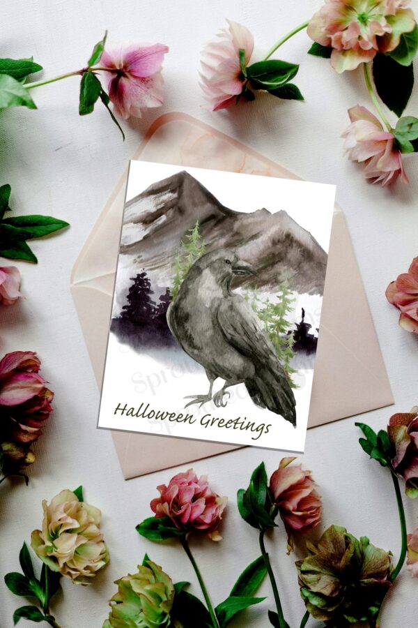 Raven Halloween Greetings with flowers