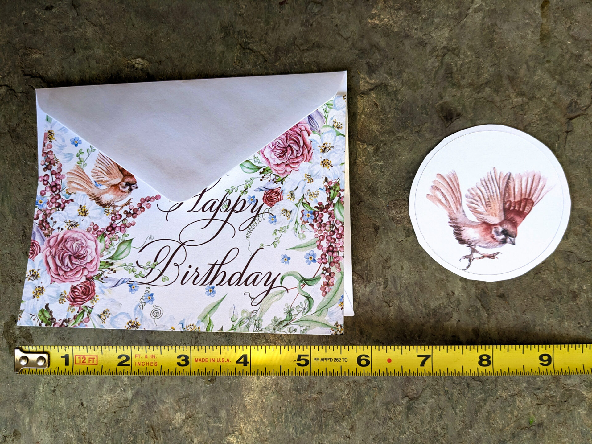 Floral Birthday Card with Flying Bird and Sticker